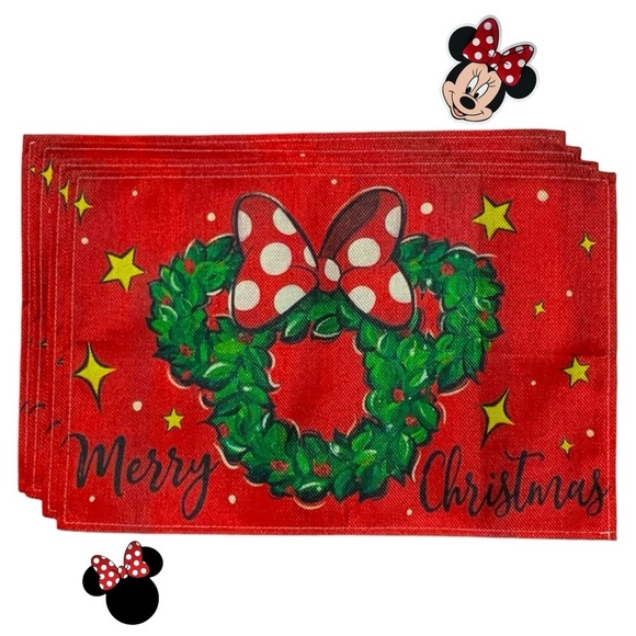 Christmas Placemats Disney Minnie Mouse Mouse Wreath Festive Holiday Red 4 Piece - Picture 16 of 16